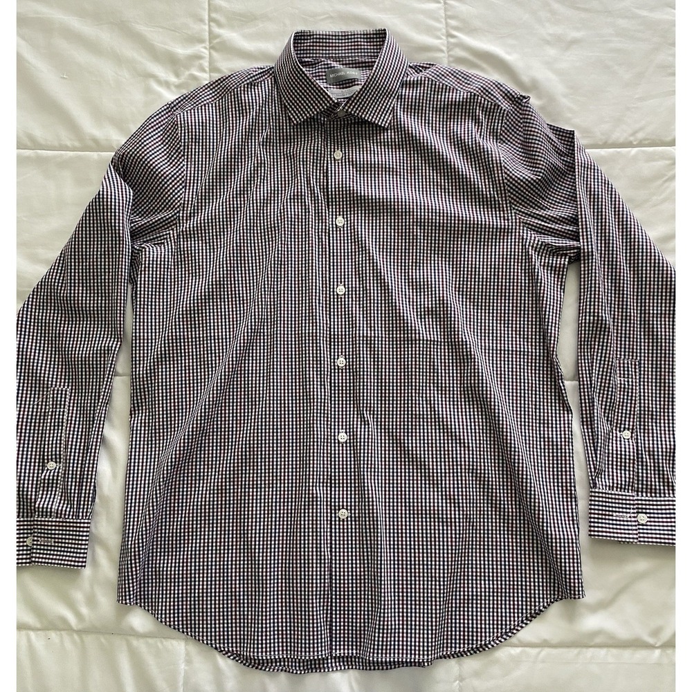Michael Kors Men's Dress Shirt Burgundy Navy Blue Gingham Check Long Sleeve, XL